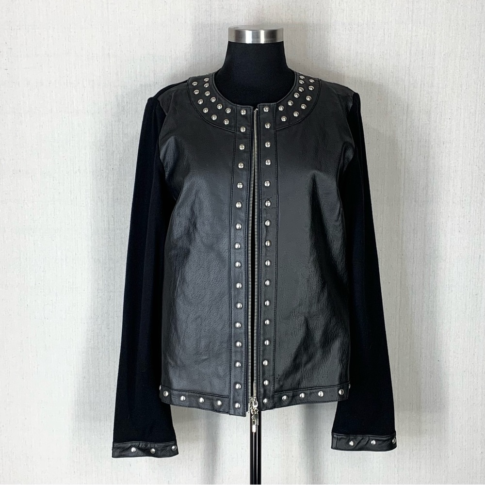 Caprice~Women's Full Zip Studded Leather & Knit Combo Moto/Biker Jacket~Sz L